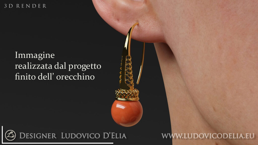 Render da progetto 3d di un orecchino in oro e corallo
